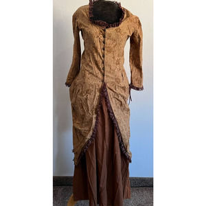 1880's Brown & Khaki Goldish Polonaise Over Dress & Walking Skirt